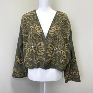 NWT Soft Surroundings Embroidered Olive Linen Blend Bolero Jacket XL Beaded